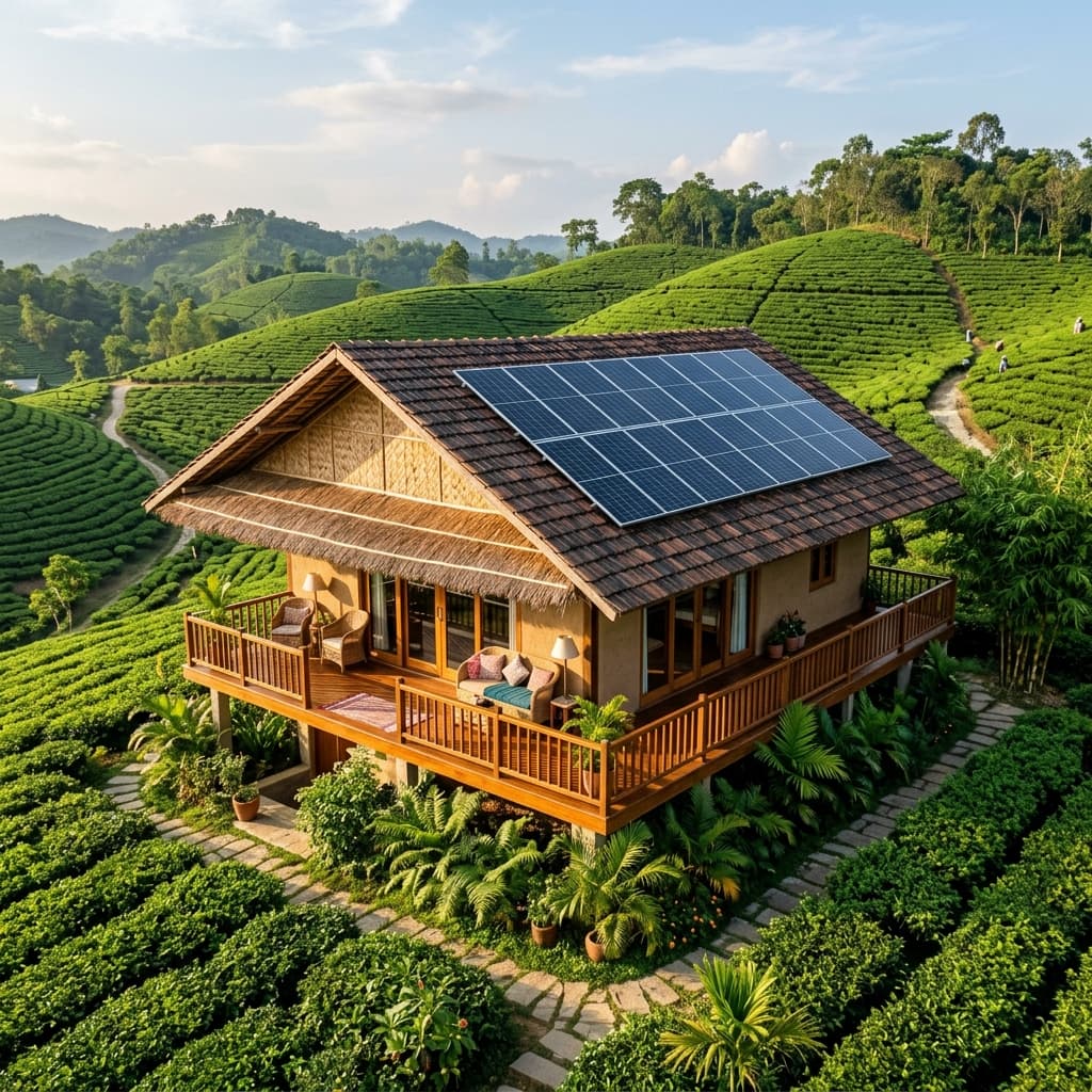 Rooftop solar panel installation of 45 kWp Eco-Resort Off-Grid Hybrid located at Sreemangal, Moulvibazar, Bangladesh
